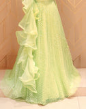 Pista Green Floral Embellished work Netted Crop Top and Lehenga Set