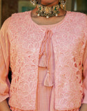 Baby Pink Self Design Embellished Work Cotton Kurti With Jacket