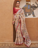Beige And Red Coloured Hand Painted Brasso Saree