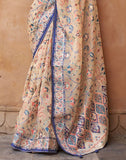 Beige And Navy Blue Floral Hand Painted Brasso Saree