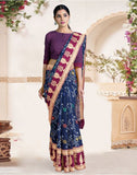 Navy Blue Ikat Soft Silk Weave Saree With Contrast Blouse
