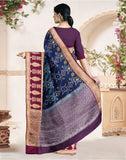 Navy Blue Ikat Soft Silk Weave Saree With Contrast Blouse