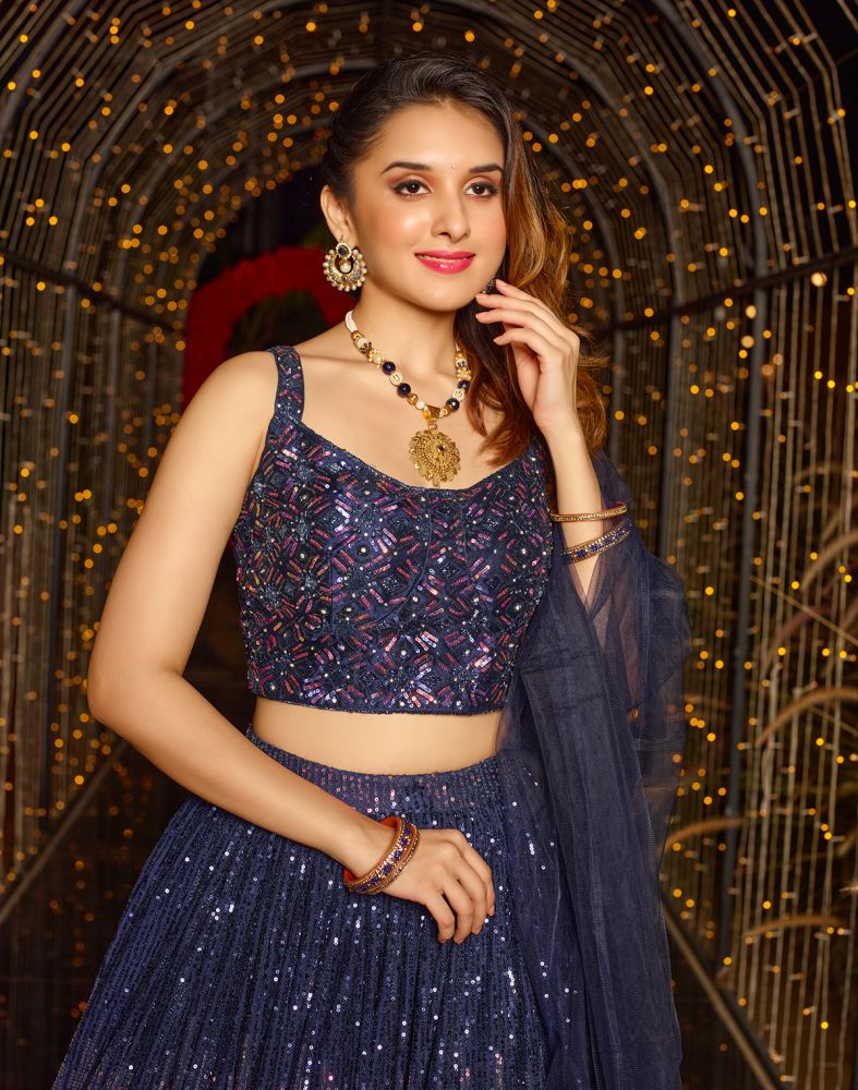 Designer Navy Blue Sequence work Netted Crop Top and Lehenga Set