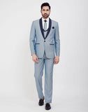 Stylish Sky Blue Self Textured 5 Pc Tuxido Designer Suit