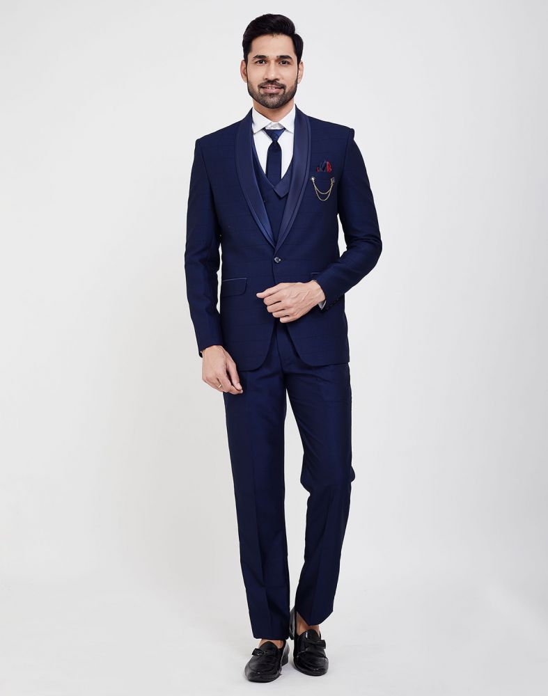 Navy Blue Self Design 5 Pc Tuxido Suit