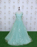 Light Green Designer Netted Embellished Gown With Mask