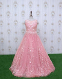 Pink Designer Netted Embellished Gown With Mask