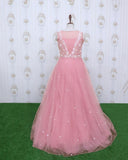 Pink Designer Netted Embellished Gown With Mask