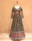 Elegant Black Floral Print Embellished Work Chiffon Dress Gown