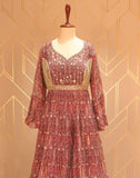 Designer Maroon Floral Print Embellished Work Chiffon Dress Gown