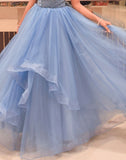 Blue Colour Fully Flared Crystal Work Netted Gown