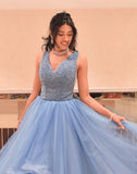 Blue Colour Fully Flared Crystal Work Netted Gown