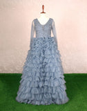 Designer Grey Fully Flared Netted Pearls Work Gown
