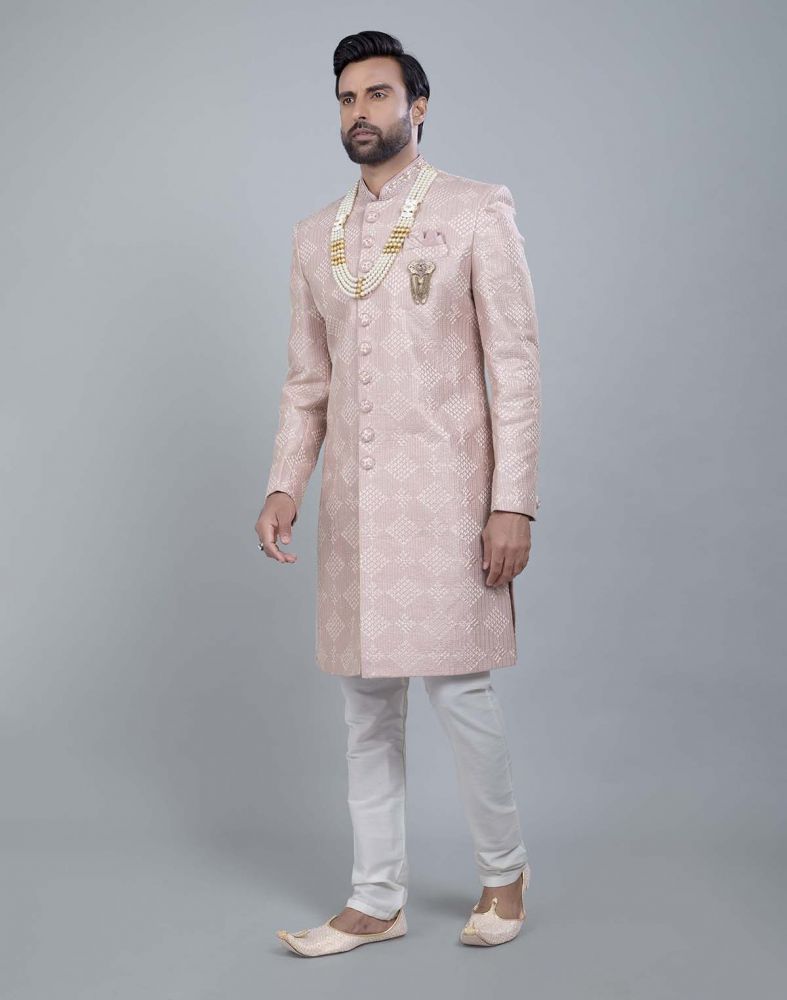 Light Pink Coloured Jacquard With Sequence Work Sherwani Set