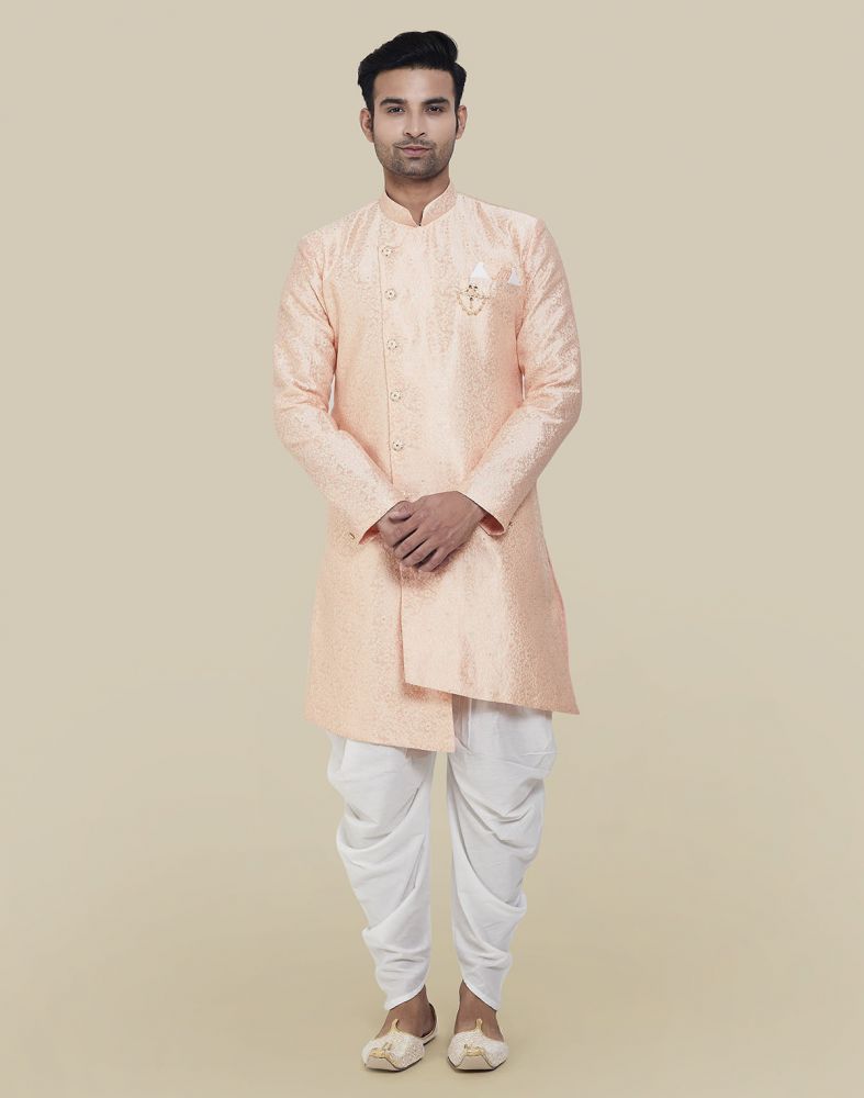 Peach Coloured Fashionable Cross Pattern And Self Design Semi Indo Western Set