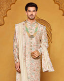 Attractive Beige Floral Raw Silk Embellished Work Indo Western Set