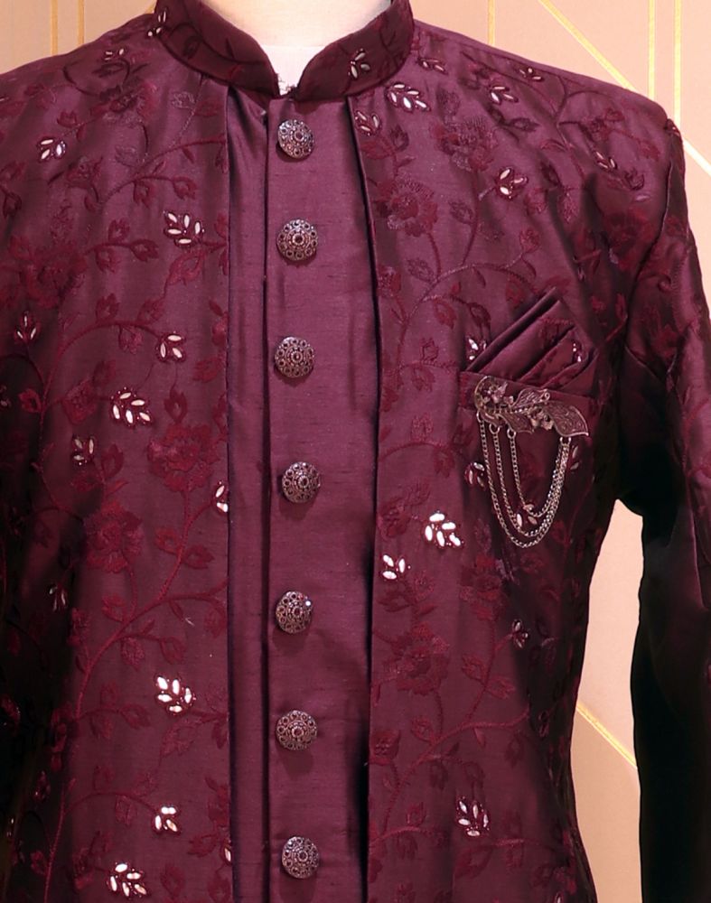 Purple Plain Raw Silk Kurta Jacket Set