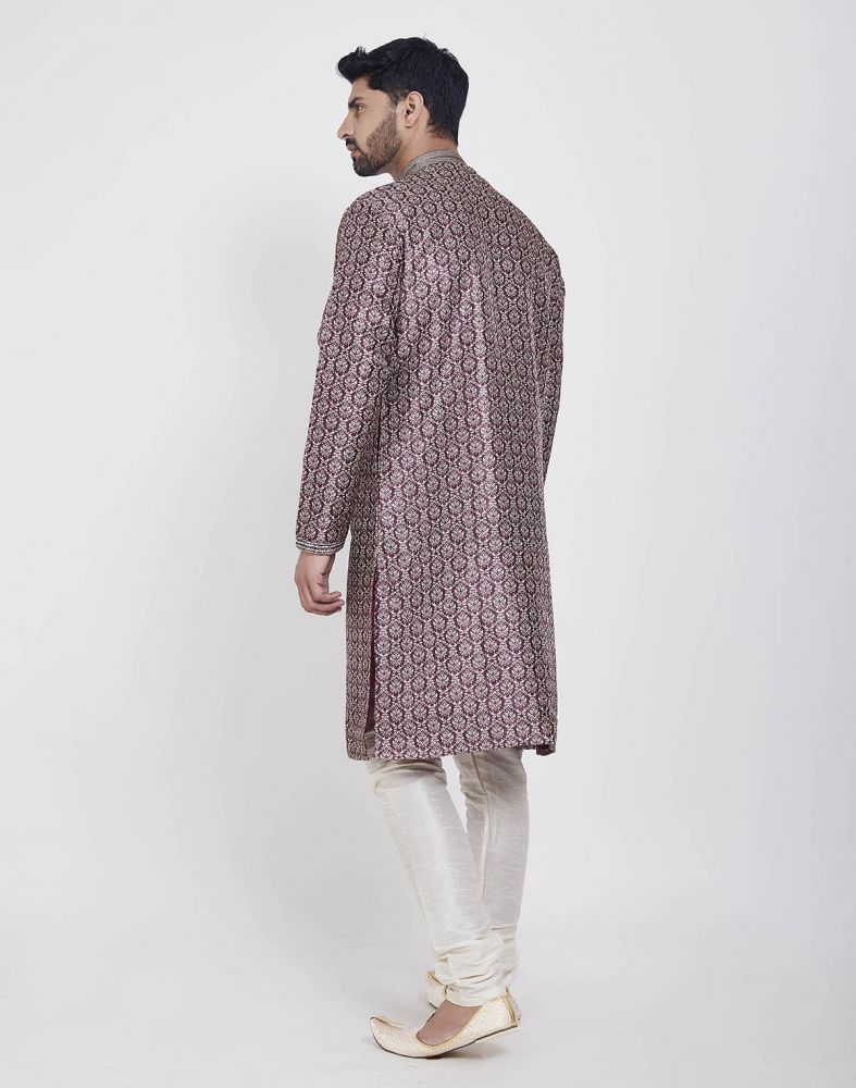 Wine Thread & Collar Work Kurtha Pajama Set