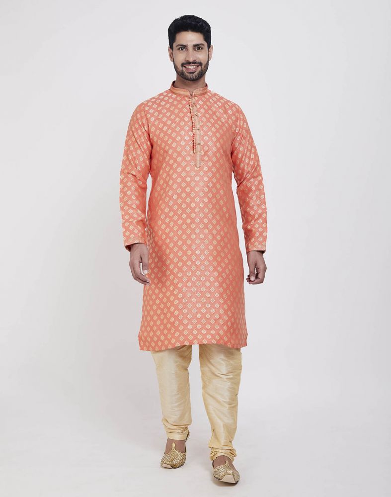 Orange Self Highlighted Brocade Design Kurtha Pajama Set