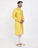 Yellow Self Design With Collar Patti Work Style Kurtha Pajama