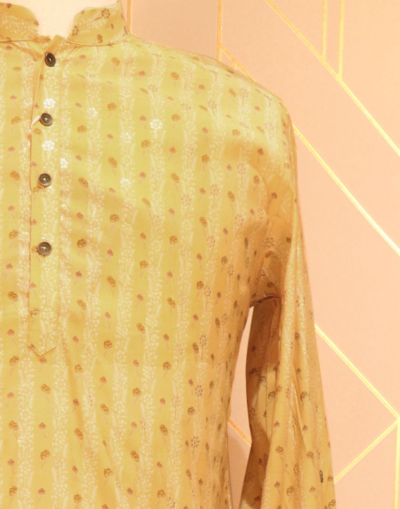Yellow Floral Printed Cotton Silk Kurta Pyjama Set