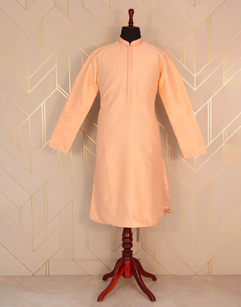 Peach Self Design Jacquard Weave Kurta Pyjama Set