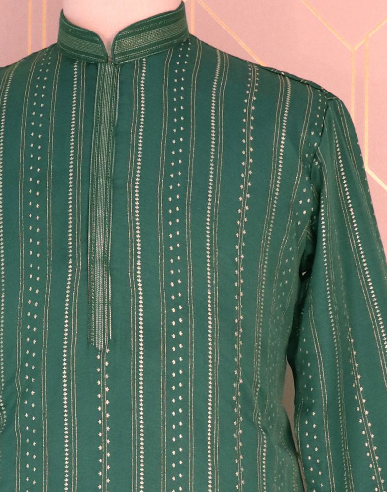 Green Striped Mica Print Raw Silk Kurta Pyjama Set