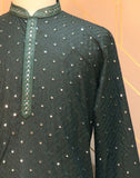 Dark Green Geometric Pattern Mirror Work Cotton Kurta Pyjama Set