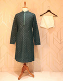 Dark Green Geometric Pattern Mirror Work Cotton Kurta Pyjama Set