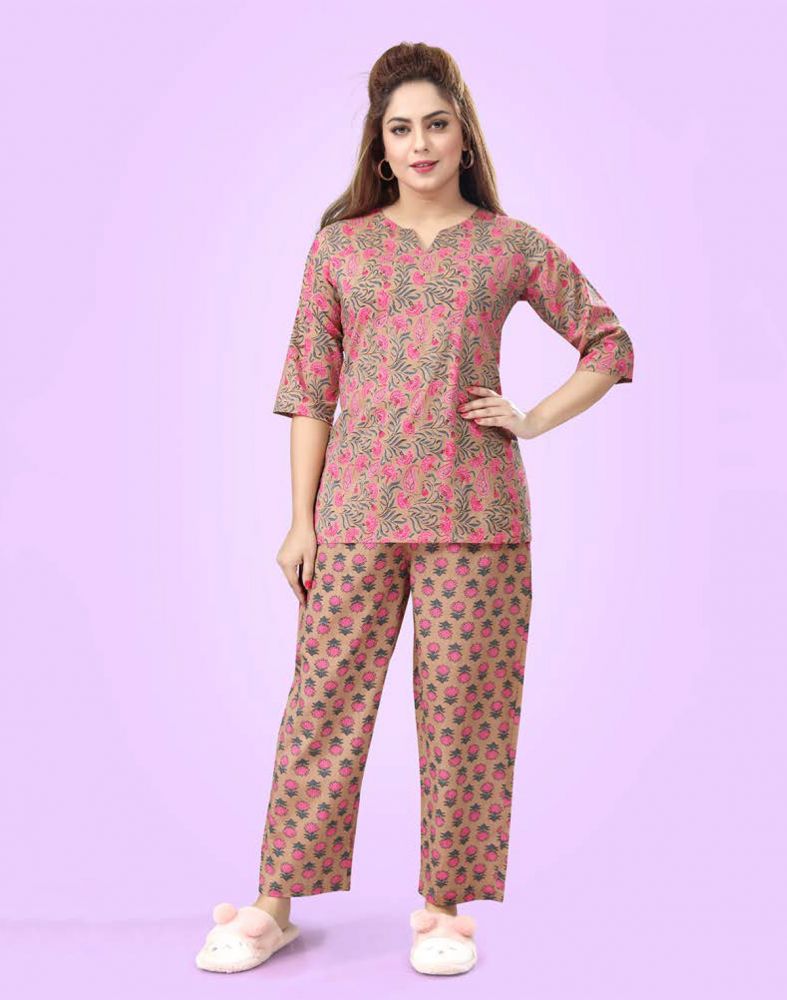 Brown Floral Cotton Printed Night Suit