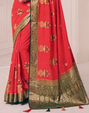 Red Coloured Floral Embroidery work Banaras Fancy Saree