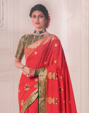 Red Coloured Floral Embroidery work Banaras Fancy Saree