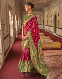 Maroon Ikat Print Soft Dola Silk Fabric Saree